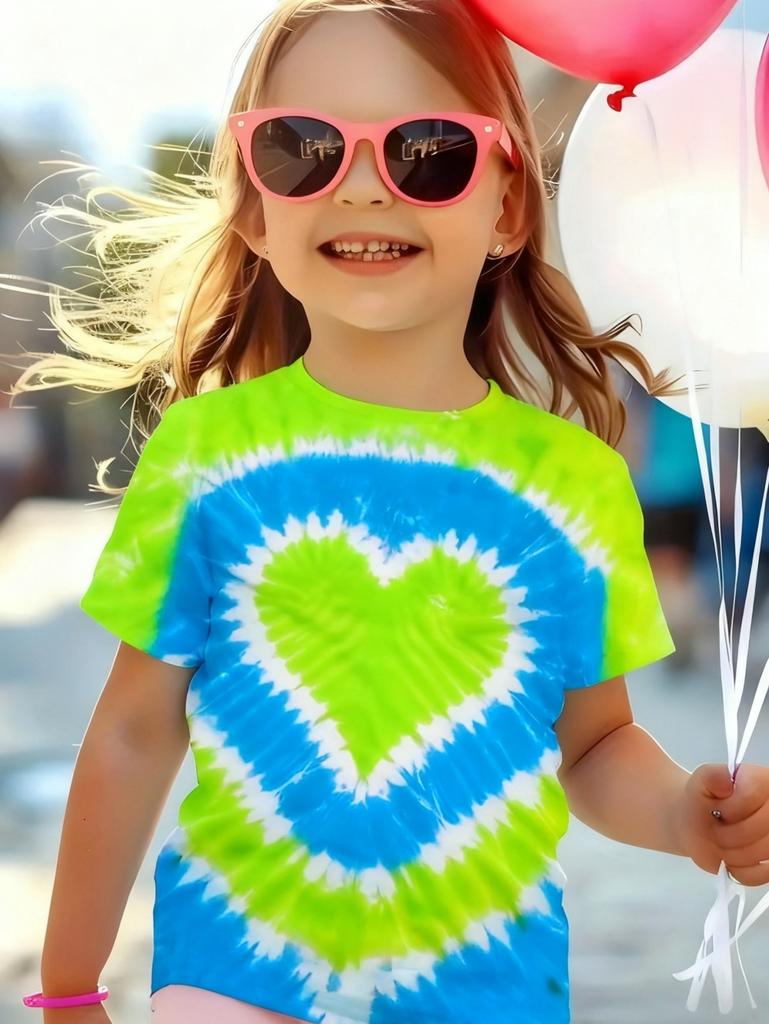 Girl Clothing Heart Tie Dye Print Summer Kids Short Sleeve T-Shirt Cute Round Neck Boy Girl Tee Outdoor Cute Children's Clothing