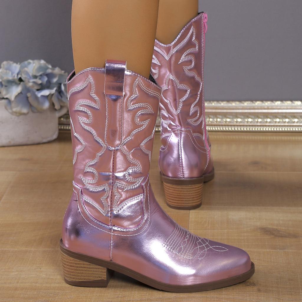 Large size fashion boots women's boots autumn and winter new embroidered tall thick heel pointed boots