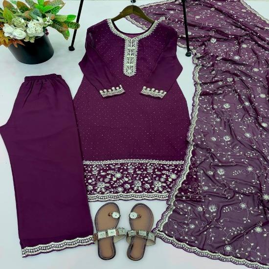Royal Deep Purple Embroidered Kurti with Palazzo & Dupatta Set