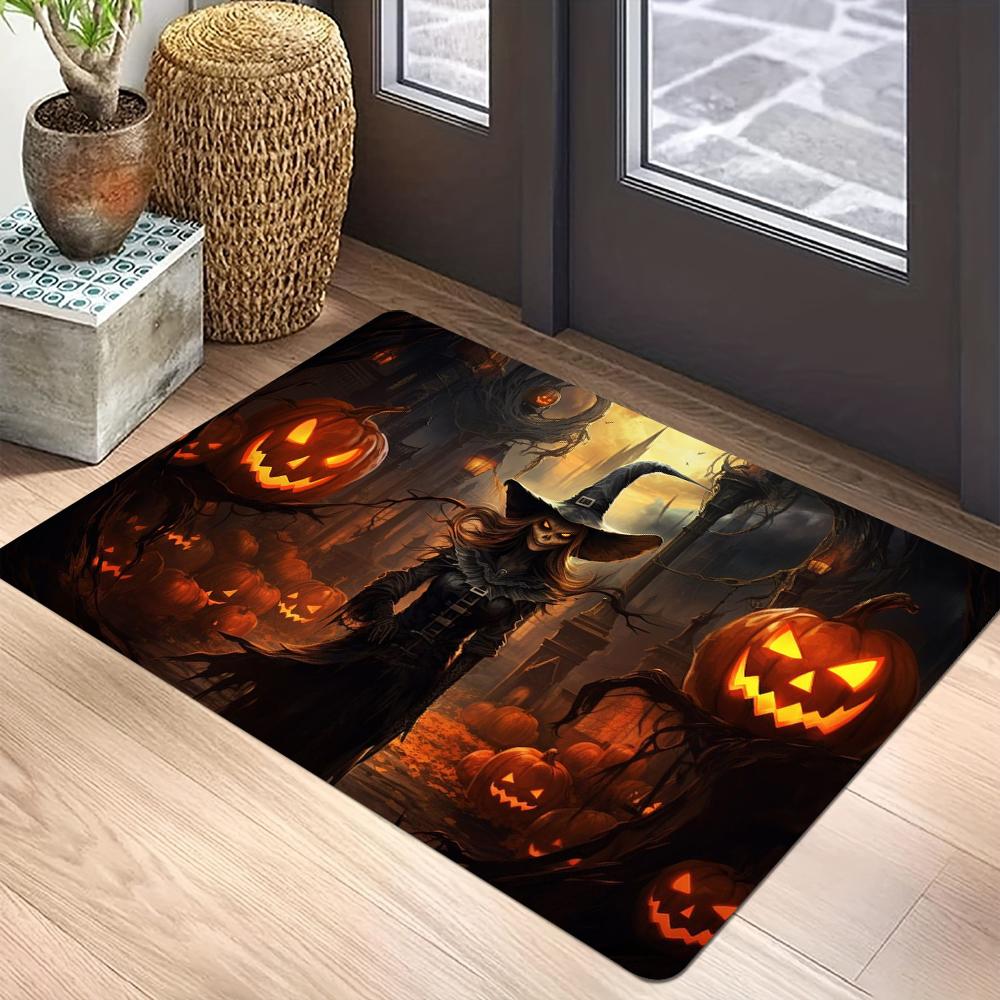 Helovino rašto durų kilimėlis Ryškūs moliūgų ir mėnesienos dizainai su šikšnosparniais ir bauginančiais medžiais Neslystantis grindų kilimėlis namų dekoravimui