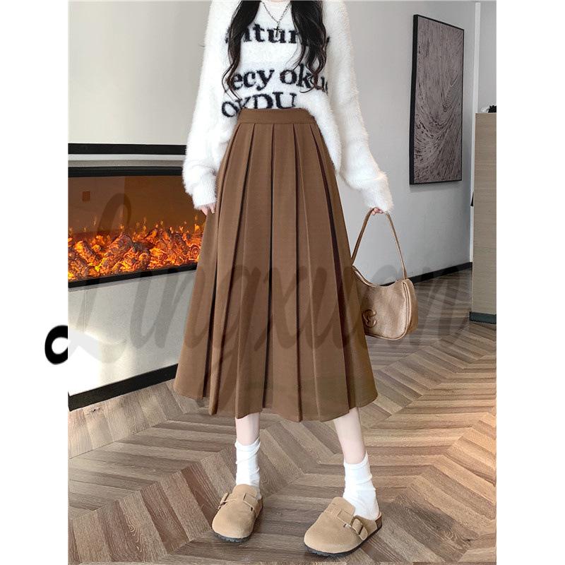 Chic Winter Wool Pleated A-Line Midi Skirt - Plus Size, Age-Reducing, Solid Color