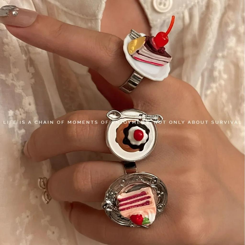 Fashion Hip Hop Design Cake Ring Cherry Chocolate Fruit Cake Afternoon Tea Ring Birthday Gift Accessories Cute Food Rings Girl