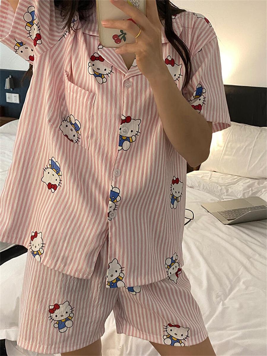 

Japanese Internet celebrities new pink striped Hello Kitty pajamas women s short-sleeved shorts cardigan two-piece casual loungewear S