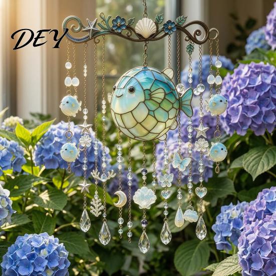 Stained Glass Style Suncatcher Ocean-Themed Crystal Wind Chime, Acrylic Jellyfish Seahorse Pufferfish Hanging Ocean Theme Chimes with Prism
