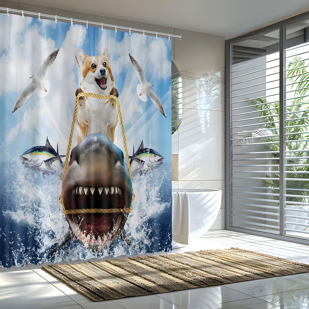 Adventurous Dog on Shark Bath Curtain - Fun & Quirky Design, Waterproof Home Decor Adds Playful Charm to Your Bathroom