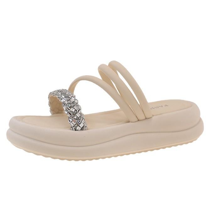 Rhinestones with Two Cool Slippers, New Muffin 100 Thick Soles To Wear 2025 Summer Women's Sandals One-word Beach Slippers