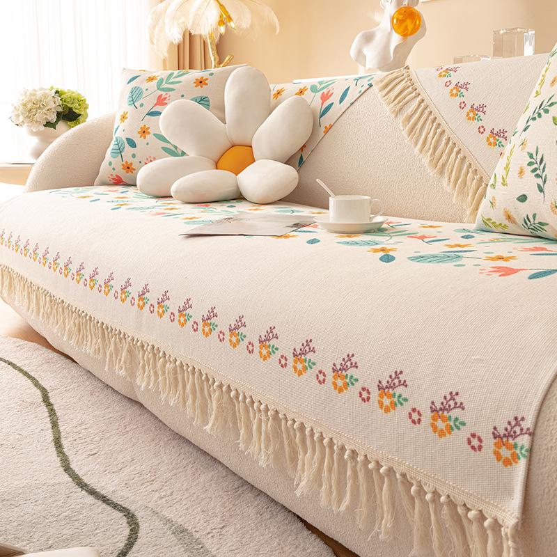 Cotton And Linen Sofa Cushion, Universal Non-Slip Seat Cushion For All Seasons, Old Coarse Cloth, Ethnic Style Fringed Sofa Cover Cover Cloth