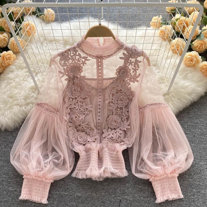 Niche 3D Flower Patchwork Mesh Lantern Sleeve Slim Fit Lace Top for Women