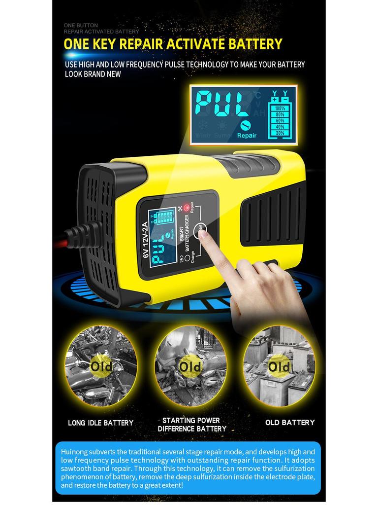 Intelligent 6V/12V Motorcycle & Scooter Lead-Acid Battery Charger and Repair Power Bank