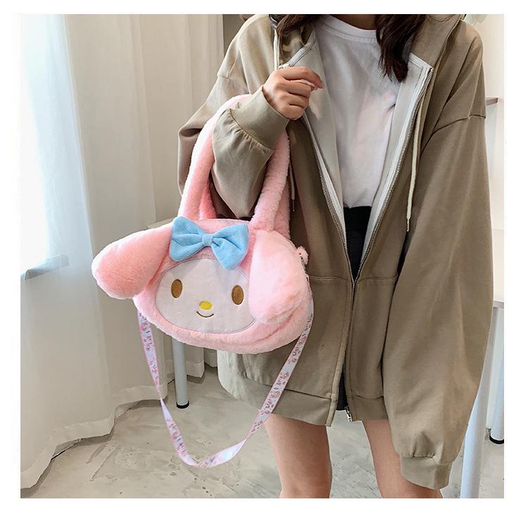 Women's Plush Kuromi & Cinnamoroll Tote Crossbody Bag - Cute Dog Tooth Design Handbag