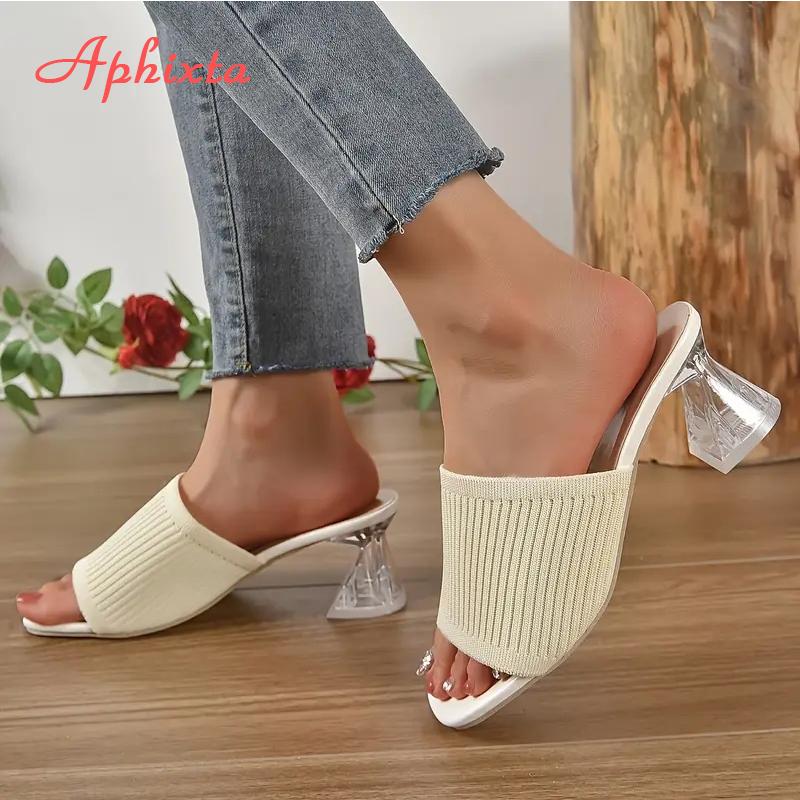 

Мода Aphixta 6см Странный Стиль Транспорантные Каблуки Летающий Верх Женские Шлепанцы Тапочки Летние С Открытым Носком Слайды Мода Бежевая Обувь 35 бежевый