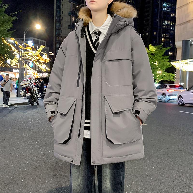 

Winter new national standard down jacket tooling fur collar down jacket hooded medium and long thickened couple jacket 2XL темно-серого