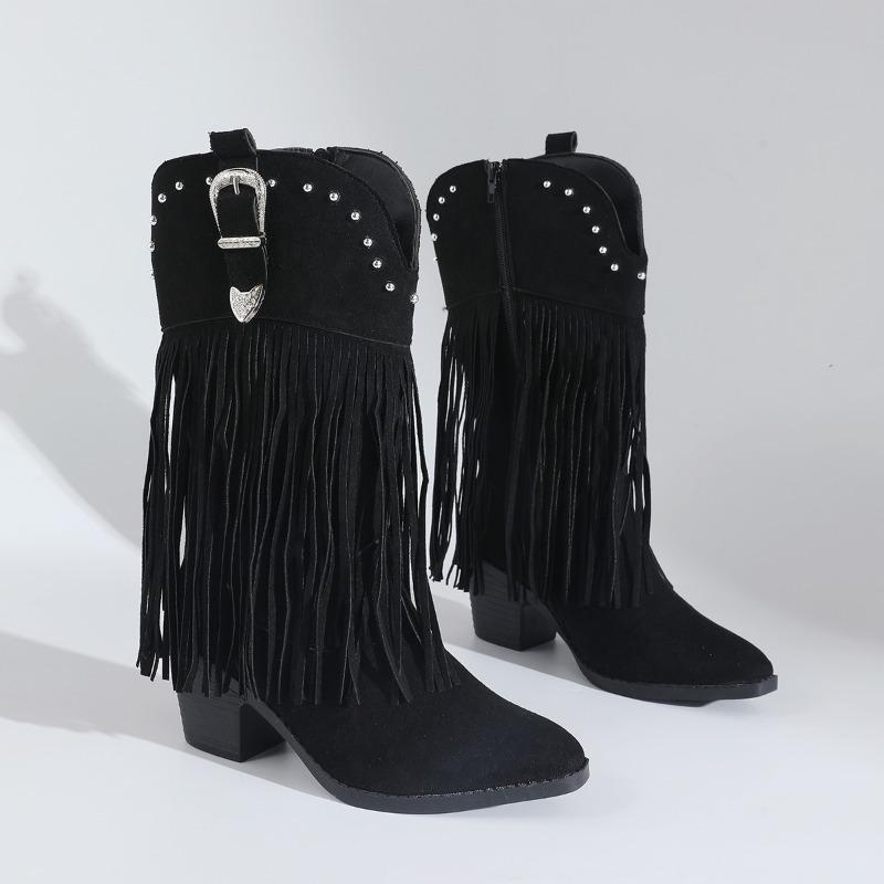 2025 New Women's Fashion Boots Pointed Toe Rough Heel Side Zipper Rivet Tassel Mid-tube Boots Retro Western Cowboy Women's Boots