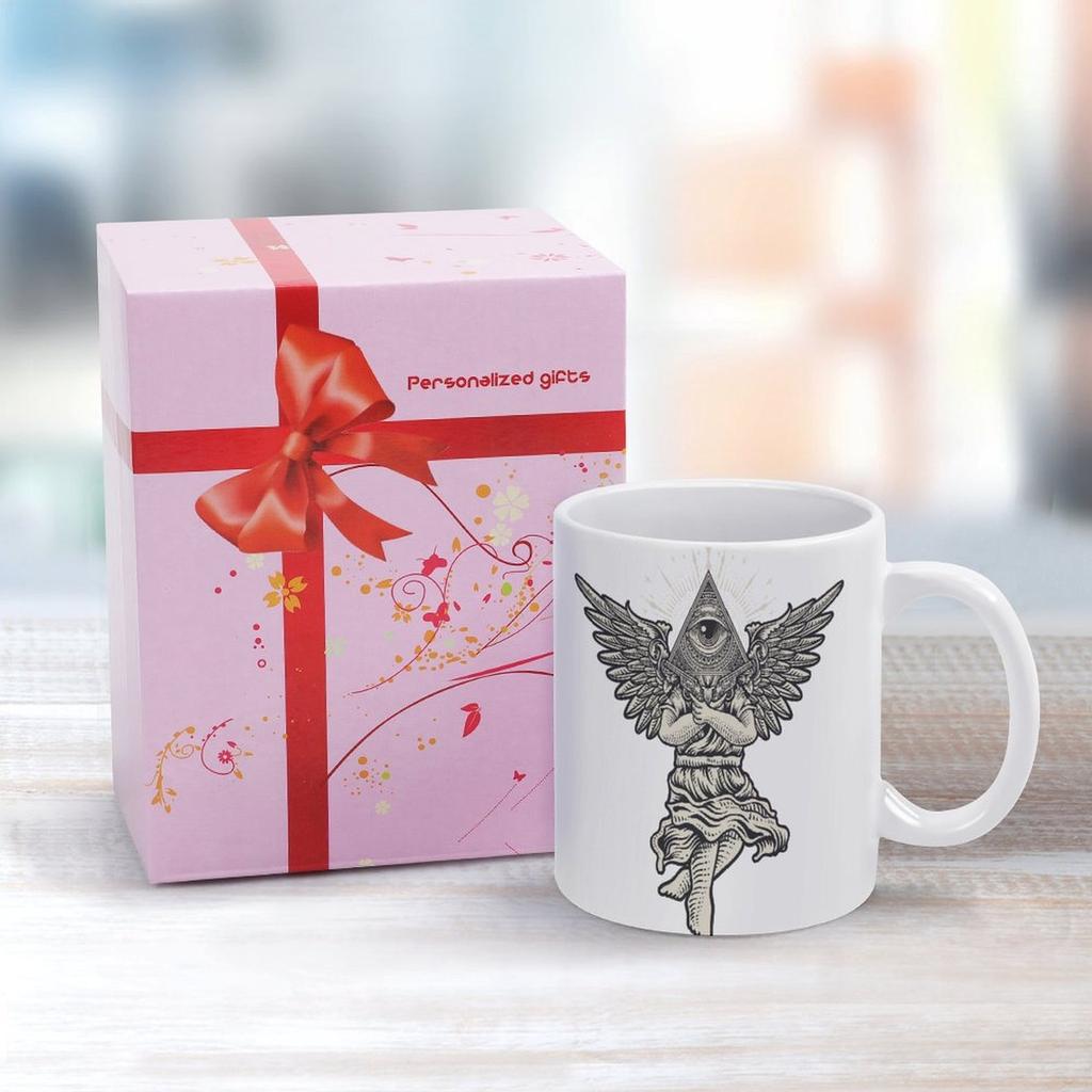 11oz White Coffee Cup with Printed Areas on Both Sides, Heat-Resistant Glossy Body for Everyday Kitchen and Work Desk