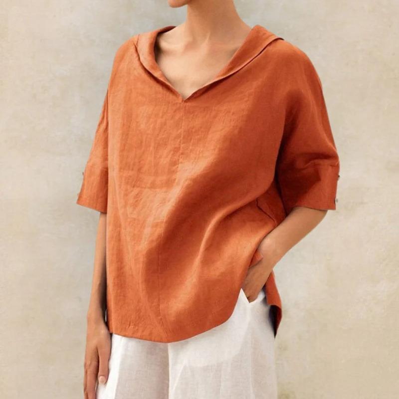 QICED Women's Fashion Casual Solid Color Print Short Sleeve V Neck Blouses & Shirts