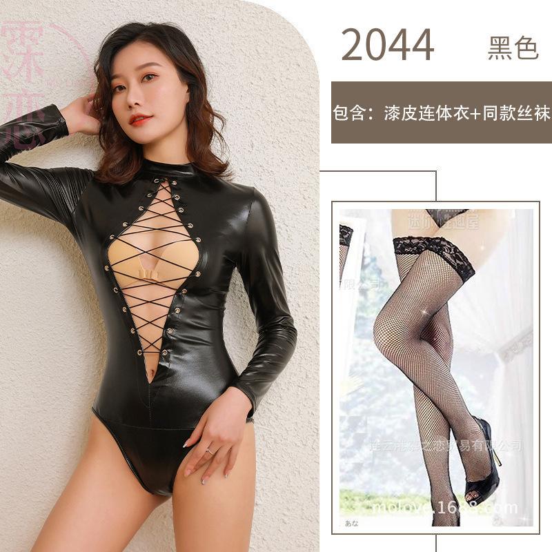 Patent Leather Uniform Seduction Breast One-piece Sex Underwear Sexy Open Crotch Tight Nightclub Performance Suit Pure Desire
