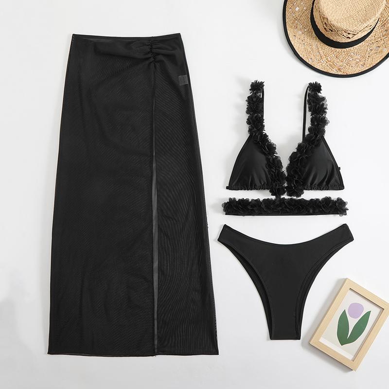 Sexy Solid Bikini Mesh Long Skirt 3 Piece Set for Women Split Swimsuit Beach Bikini New Summer Swimwear Bikini Set