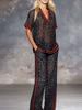 DM078 2026 Cross-border Spice Girl Vacation Leopard Print Collided Red Edge Chiffon Set V-Neck Short Sleeve Top Wide Leg Trousers