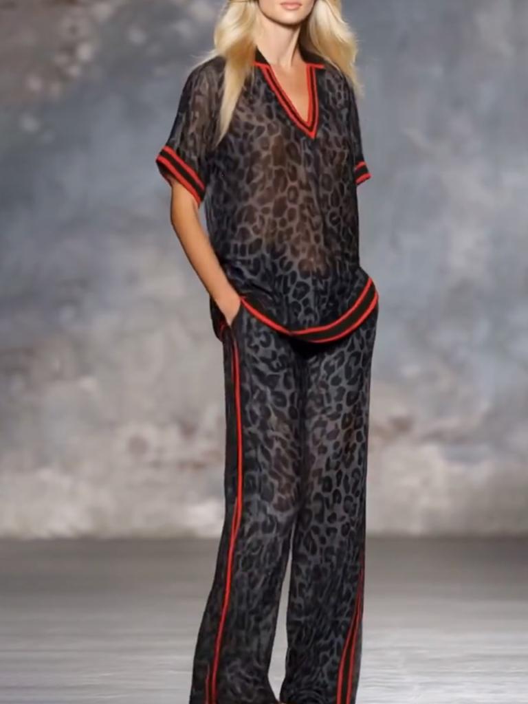 DM078 2026 Cross-border Spice Girl Vacation Leopard Print Collided Red Edge Chiffon Set V-Neck Short Sleeve Top Wide Leg Trousers