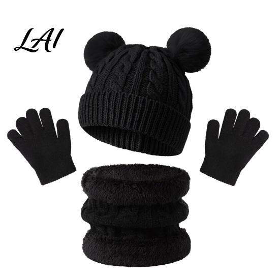 Five Finger Winter Gloves for Toddlers Kids Warm Knit Set Bear Ear Hat Fleece Lined Neck Gaiter & Weather Resistant Thermal Set Full Gloves,