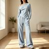 Women's Casual Striped Off-Shoulder Long Sleeve Top and Wide Leg Pants Set 2 Piece Outfit