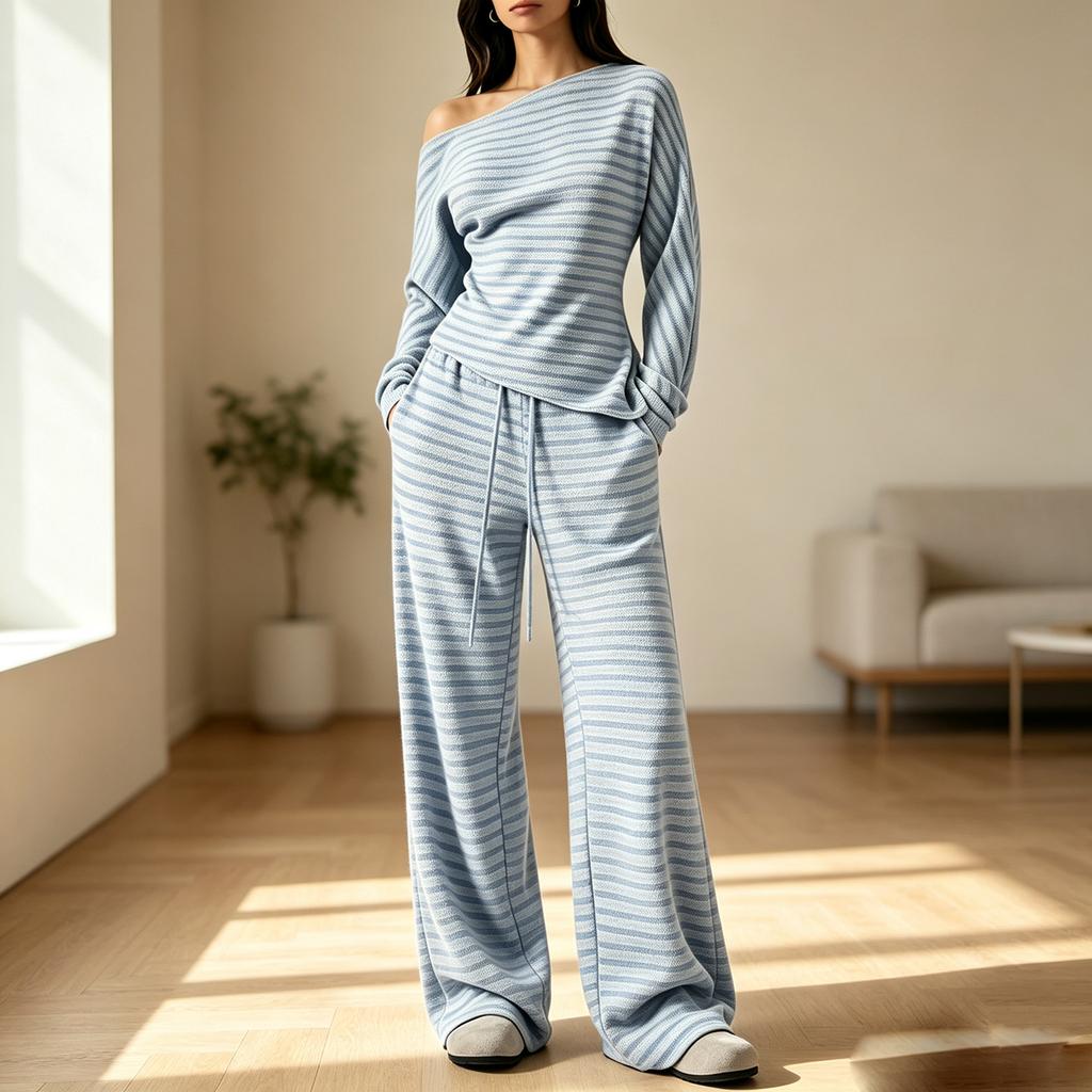 Women's Casual Striped Off-Shoulder Long Sleeve Top and Wide Leg Pants Set 2 Piece Outfit
