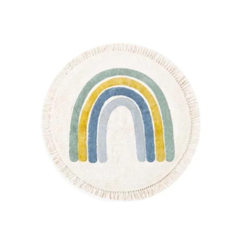 Children's Carpet Round Rainbow Pattern Tassel Bedroom Bedside Mat Home Decoration Rug Cute Girl Style Machine Washable Soft