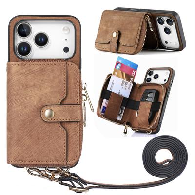 Crossbody Multi Functional Zipper Wallet Card Holder Leather Case For iPhone 17 Pro Max 16 Plus 15 14 13 12 11 17air Lanyard Bag
