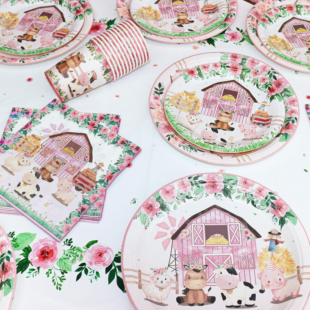 Pink Farm Animals Birthday Decor Disposable Tableware Set Paper Banner Floral Plates Baby Shower Girl Birthday Party Decorations