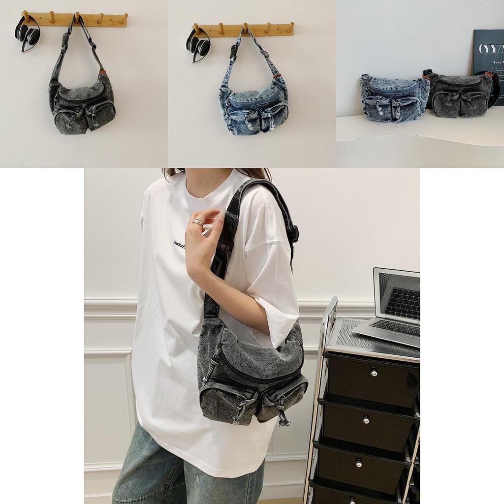 Street Style Denim Shoulder Bag With Multipocket Design For Outdoor Activities And Commuting