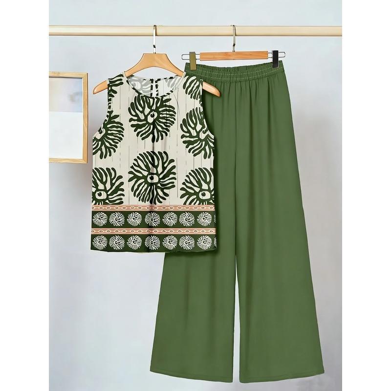 Plus Size Women's Summer Sleeveless Asymmetric Tank Top and Printed Pants Two Piece Set