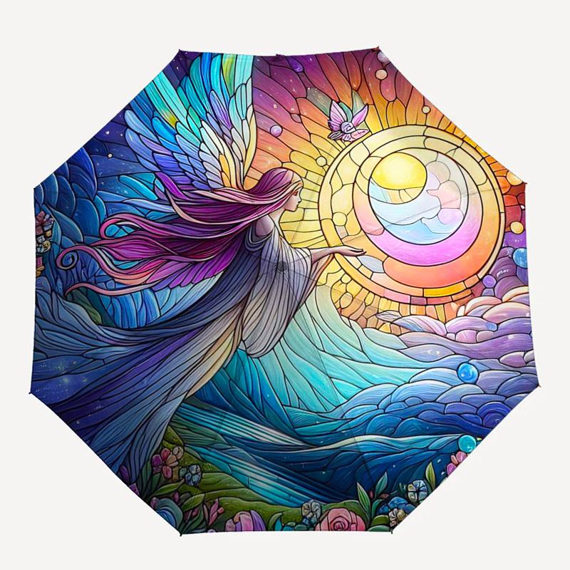 1pc Stained Glass Angel Design Automatic Opening Folding Umbrella with 8-Bone Iron Frame - Perfect for Outdoor Use, Festive Gifts, Travel, Daily Use,