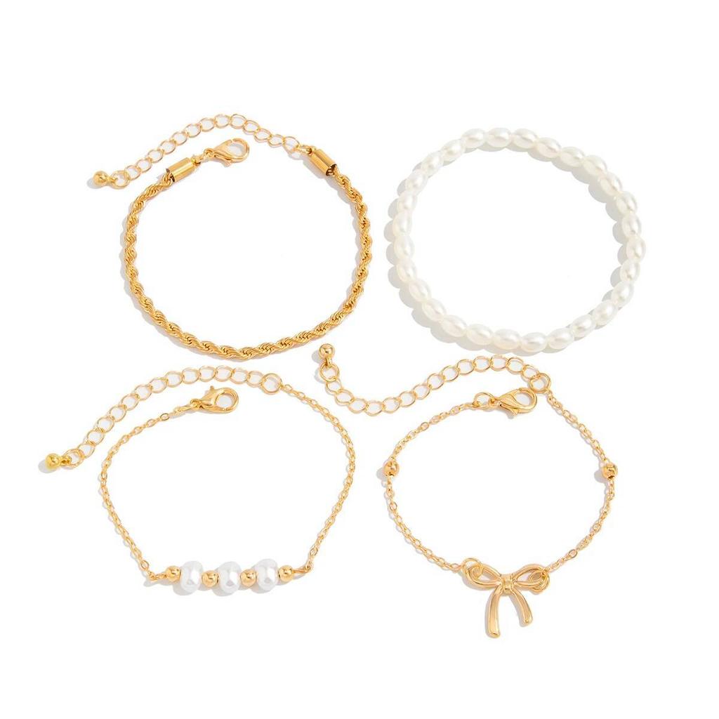 Salircon 4Pcs/set Fashion Imitation Pearl Bowknot Bangle Bracelets Women Boho Vintage Gold Color Bangle Couple Jewelry Gift