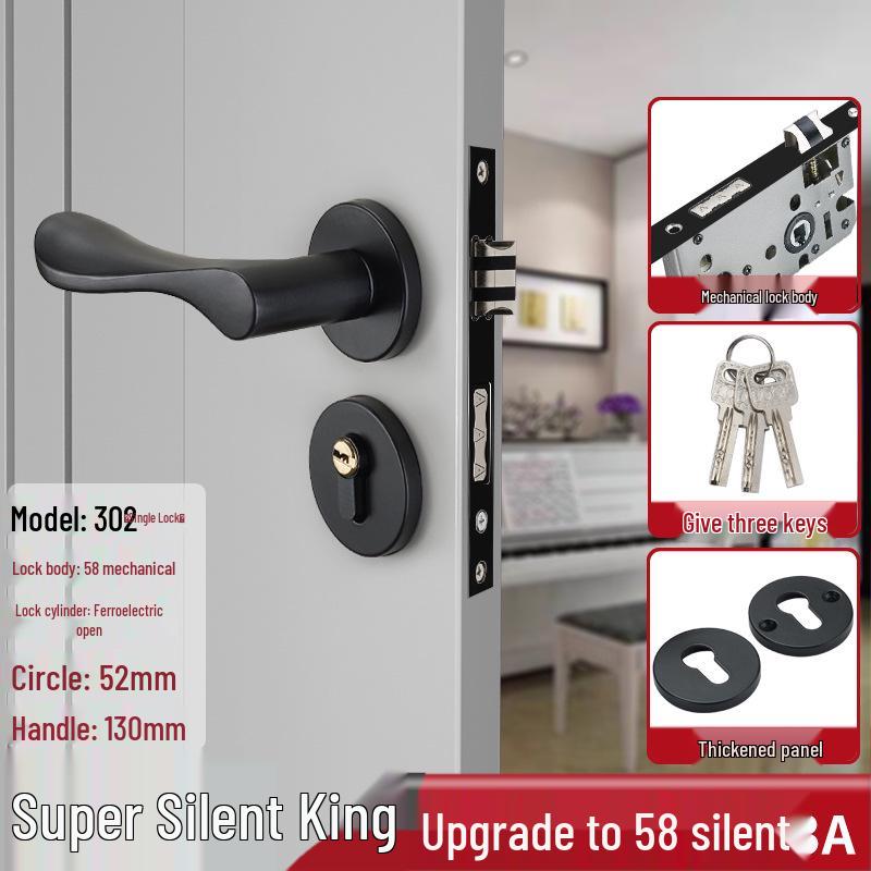 Magnetic Silent Black Wooden Bedroom Door Handle Lock