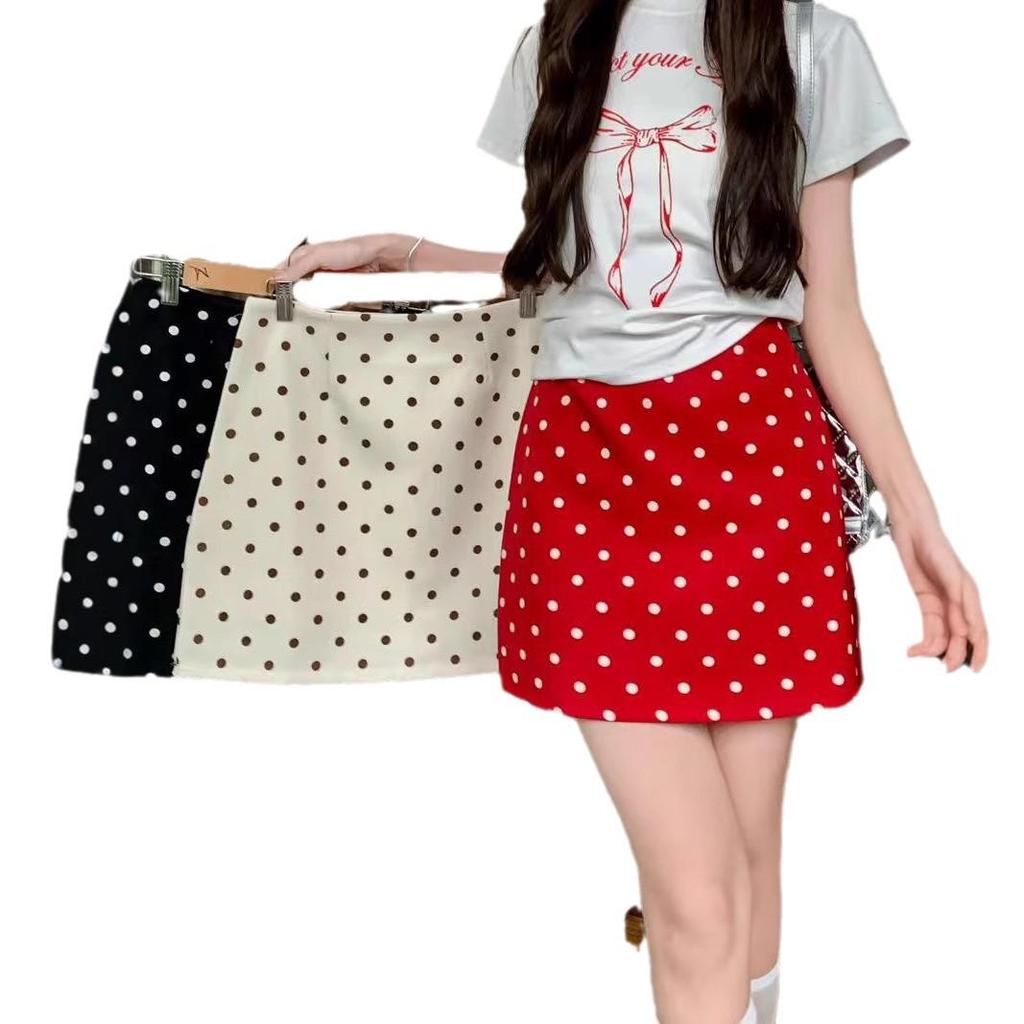Women's High-Waist Black Polka Dot A-Line Midi Skirt - Summer 2024