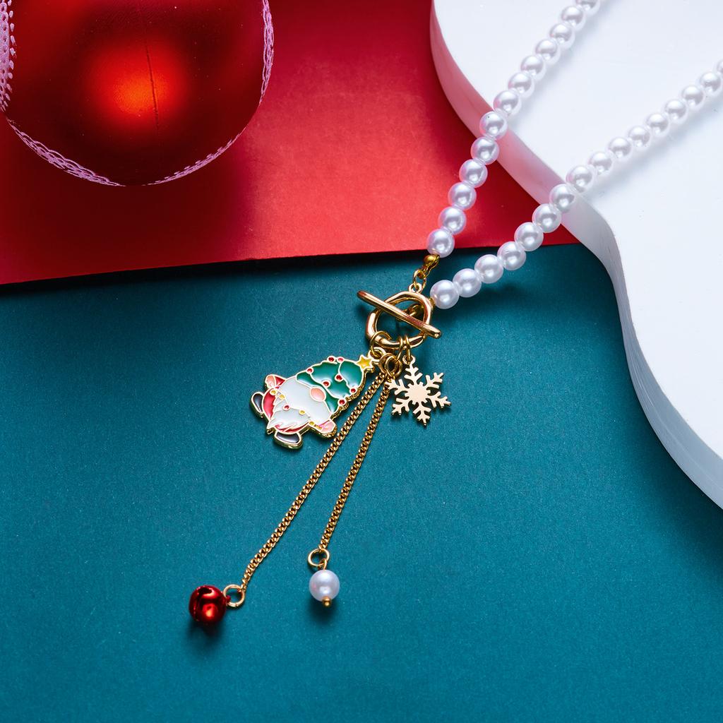 Christmas Jewelry Set For Women Imitation Pearl OT Buckle Snowflake Bowknot Santa Claus Pendant Necklace Earring Festival Gifts