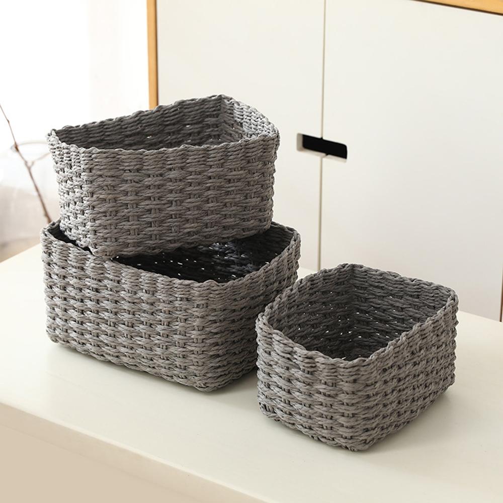3pcs Handmade Straw Woven Soft Round Paper Rope Storage Basket For Organizing Decorative Storage Bins Office Storage Box