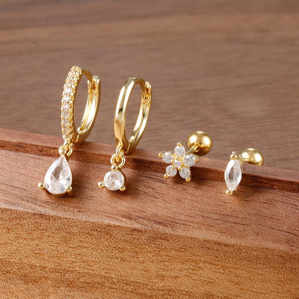 4PCS New Design Stainless Steel Water Drop Cubic Zirconia Dangle Earrings Set Flowers Horse Eyes Stud Piercing Earring Jewelry