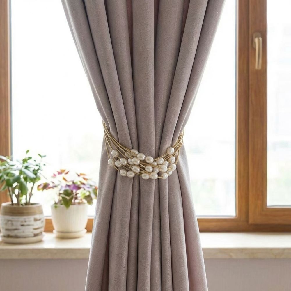 2PCS Adjustable Pearl Curtain Tieback Polyester Curtain Tape Imitation Pearl Ties  Wedding Decor
