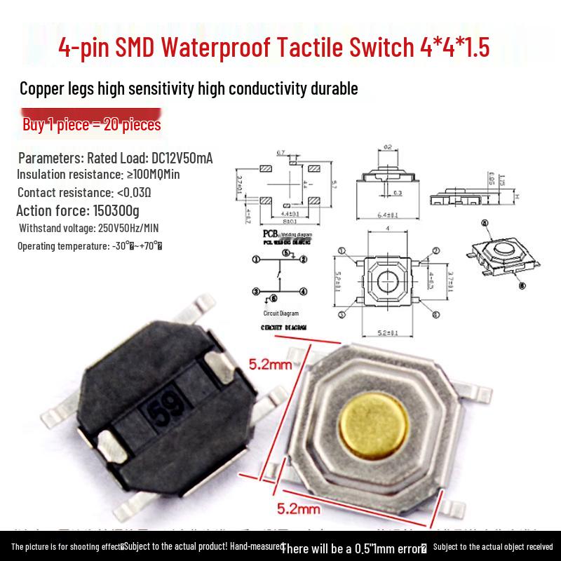 Waterproof Micro Tactile Switch, 4-Pin, 6x6mm, SMD/Through-Hole, Side Press, Self-Locking