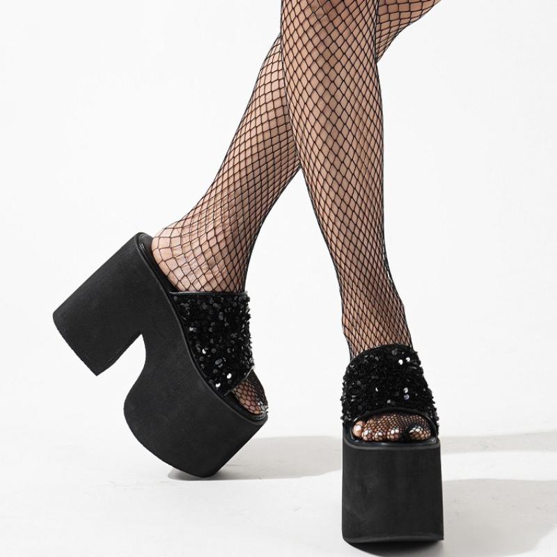 Fashion 13 Cm Super High Heel Black Bling Thick Slippers Women Fashion Non-slip Platform Sandals Summer Comfort Large Size Beach Sandals