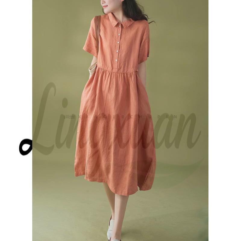 Korean Style Cotton Linen Retro Long Dress for Women, Spring/Summer 2026 Collection, Short Sleeve with Shirt Collar Large оранжевый