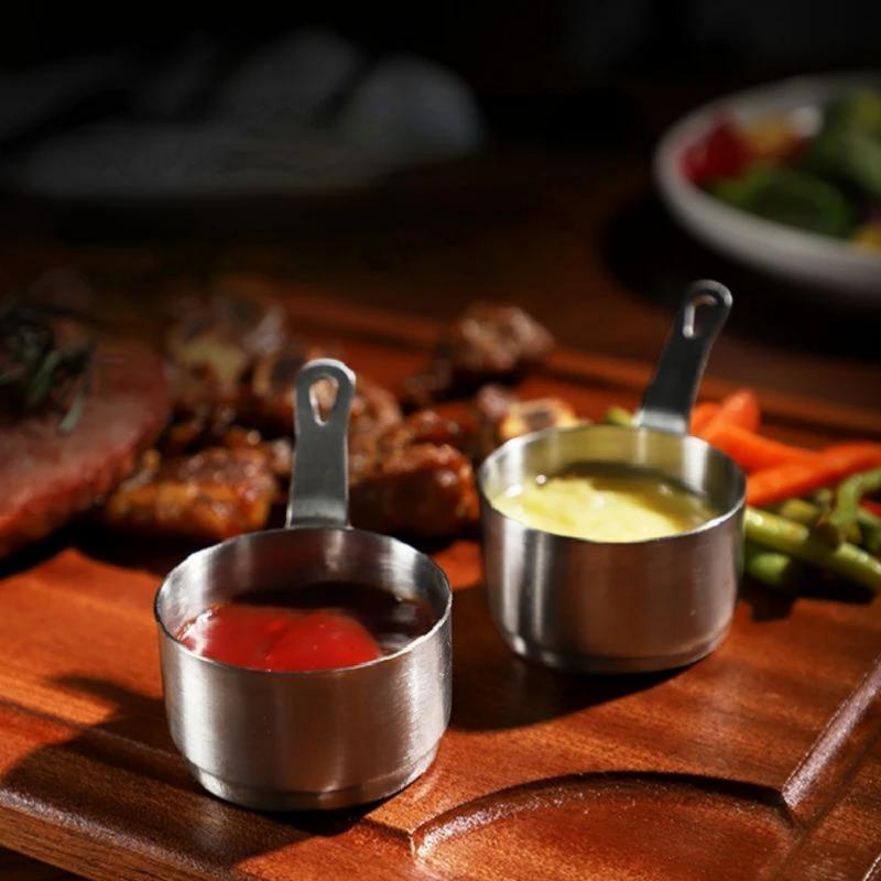 3 Teile/satz Edelstahl Sauce Tasse mit Griff Gewürz Gericht Heißer Topf Dip Schüssel Sauce Tasse Sushi Essig Soja Untertasse Container vorspeise Tablett