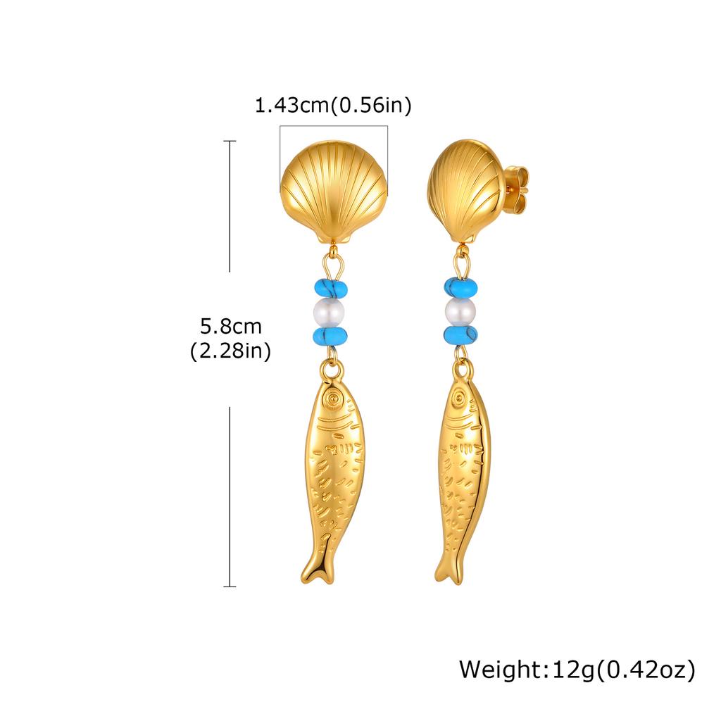 18K Gold Color Plated Long Fish Pendant Earrings Blue Stone Stainless Steel Waterproof Earrings for Women Trendy Holiday Jewelry