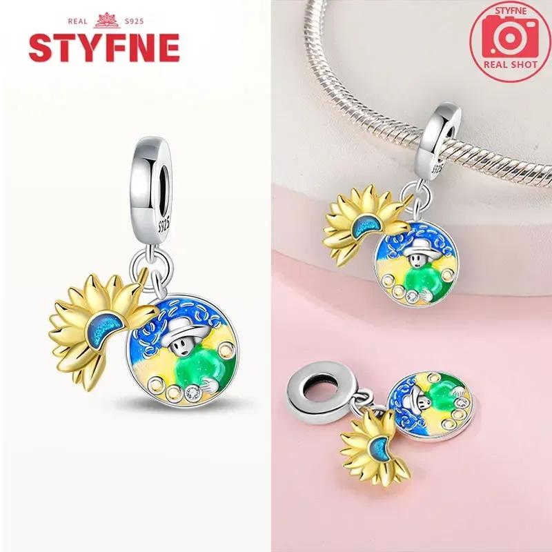 Copperoriginal Starry Sky Sunflower Green Wheat Field Oil Painting Charms Beads For Women Diy Fine Jewelry Gift