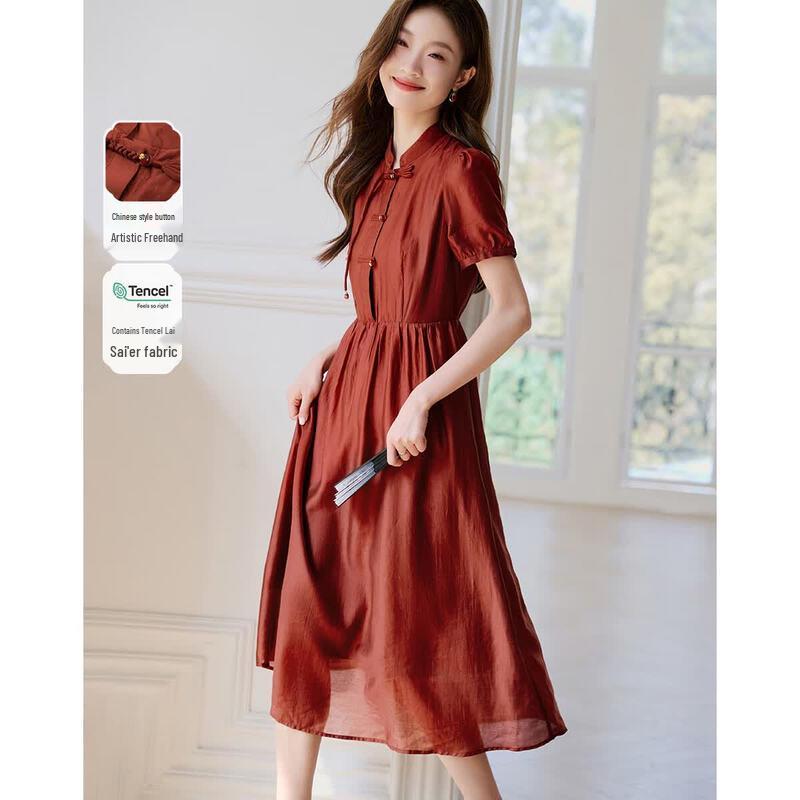 Mohan Yimei New Chinese Style Stand-Collar Short-Sleeve Dress S