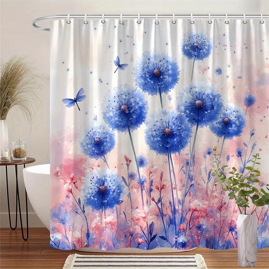 

Whimsical Blue Thistle & Butterfly Shower Curtain, Ethereal Watercolor Garden Design, Pink Purple Blooms,Ideal Bathroom Decor W90xH180cm