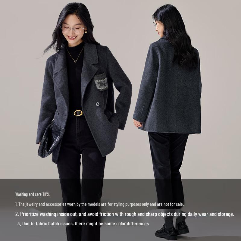 VICTORIA&VERA Women's Wool-Blend Lapel Coat with Pocket Detail