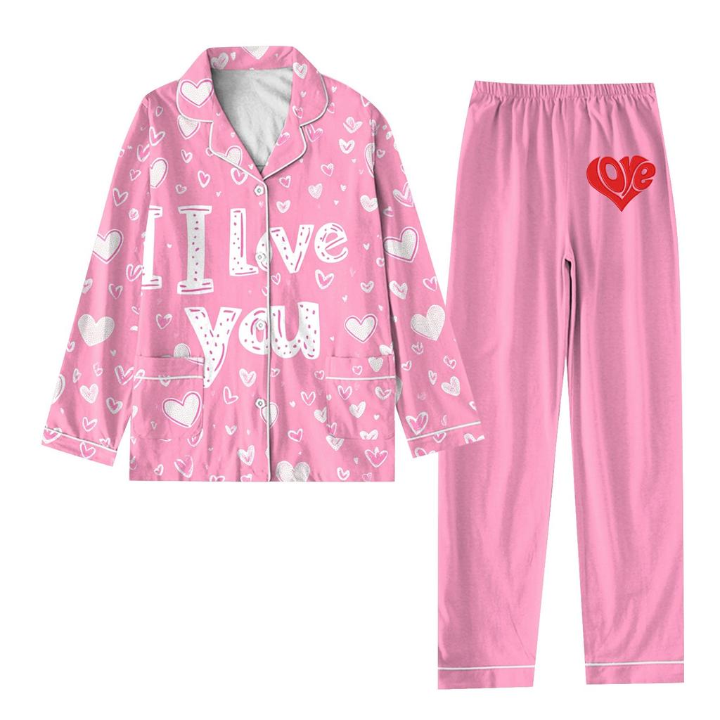 2-teiliger bedruckter Damen-Anzug, langärmelig, Oberteil mit Knopfleiste, weite Hosen, Anzug-Set, Schlafanzug, Home-Casual-Anzug