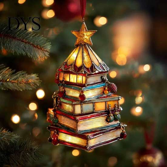 Decorative Xmas Ornaments for Fireplace Christmas Tree Book Ornament, Acrylic Shaped Stack Hanging Decoration Wall Decorations with Star Topper,